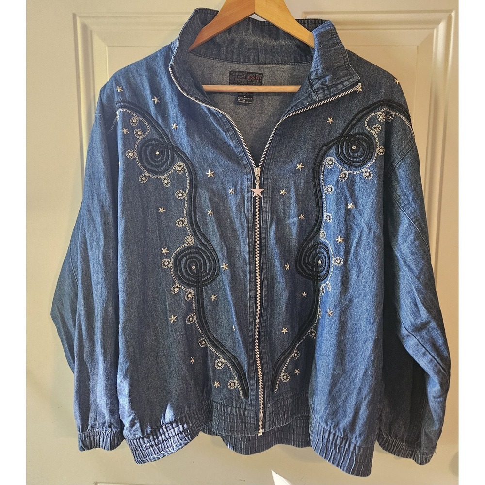 Vintage Mureli Denim Jacket Womens Medium Blue Embroidered Stars Full Zip 90s